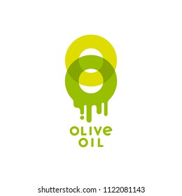 Logo of olive oil. Transparent double letters O with dripping oil. Packaging, metal can with lid. Example packaging design and labels.