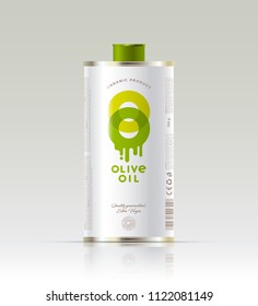 Logo of olive oil. Transparent double letters O with dripping oil. Packaging, metal can with lid. Example packaging design and labels.