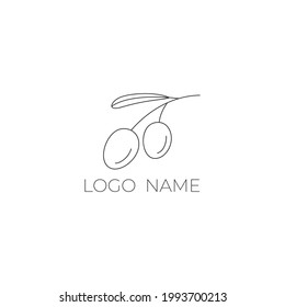 Logo of olives on a branch . Modern logo in line style. Minimalistic floral vector illustration. Elegant sign for canned olives, olive oil, olive plantation. logo of branch