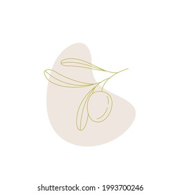 Logo of olives on a branch . Modern logo in line style on color spot. Minimalistic floral vector illustration. Elegant sign for canned olives, olive oil, olive plantation. logo of branch