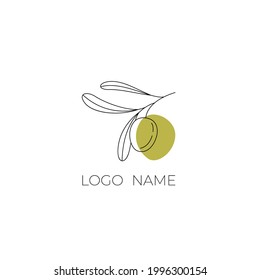 Logo of olives on a branch . Modern logo in line style on color spot. Minimalistic floral vector illustration. Elegant sign for canned olives, olive oil, olive plantation. logo of branch