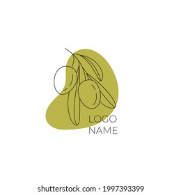 Logo of olives on a branch . Modern logo in line style on color spot. Minimalistic floral vector illustration. Elegant sign for canned olives, olive oil, olive plantation. logo of branch