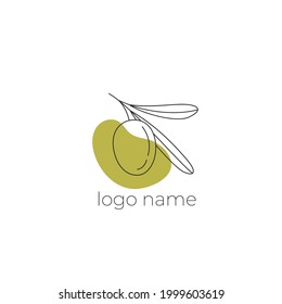 Logo of olives on a branch . Modern logo in line style on color spot. Minimalistic floral vector illustration. Elegant sign for canned olives, olive oil, olive plantation. logo of branch