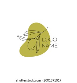 Logo of olives on a branch . Modern logo in line style on color spot. Minimalistic floral vector illustration. Elegant sign for canned olives, olive oil, olive plantation. logo of branch