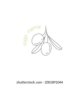 Logo de las aceitunas en una rama. Logo moderno en línea. Ilustración vectorial floral minimalista. Señal elegante para aceitunas enlatadas, aceite de oliva, plantación de olivos. logotipo de la rama