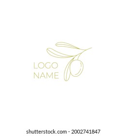 Logo of olives on a branch . Modern logo in line style. Minimalistic floral vector illustration. Elegant sign for canned olives, olive oil, olive plantation. logo of branch