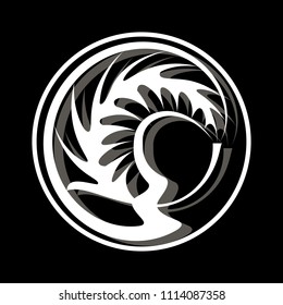 Logo on a black background white circle with an abstract shape