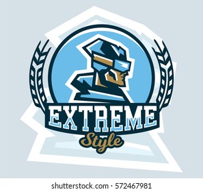 Logo, on skiing. Emblem of skier face in profile, ski goggles, cap. Extreme winter sport. Badges shield, lettering. Vector illustration.