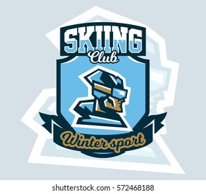 Logo on skiing. Emblem of skier face in profile, ski goggles, cap. Extreme winter sport. Badges shield, lettering. Vector illustration.