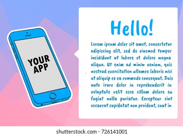 Logo on smartphone screen. Hand holds the smartphone and finger touches screen. Modern Flat design illustration for presentation