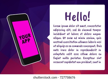 Logo on smartphone screen. Hand holds the smartphone and finger touches screen. Modern Flat design illustration for presentation