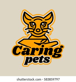 Logo on the subject of caring for pets. Kitten sitting in a hand. A small animal. Vector illustration. Line style 