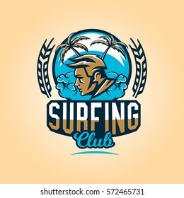 Logo on surfing. The emblem of the man's face surfer. Beach, waves, palm trees, tropical island. Extreme sport. Lettering. Vector illustration.