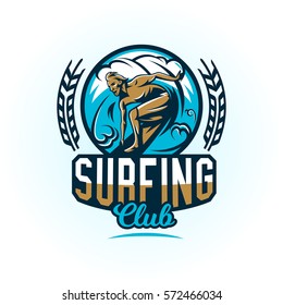 Logo on surfing. The emblem of surfer male on the board. Beach, waves, tropical island. Extreme sport. Badges shield, lettering. Vector illustration.