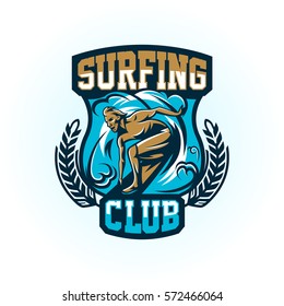 Logo on surfing. The emblem of surfer male on the board. Beach, waves, tropical island. Extreme sport. Badges shield, lettering. Vector illustration.