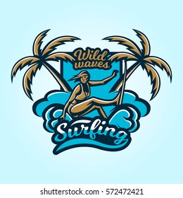 Logo on surfing. Emblem of surfer girl in a bathing suit. Beach, waves, palm trees, tropical island. Extreme sport. Badges shield, lettering. Vector illustration.