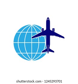 Logo on the theme of aviation. Air transportation. Flight of the airliner on the background of the globe.