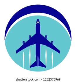 Logo on the theme of aviation. Air transportation. Flight of the airliner on the background of a two-color circle.