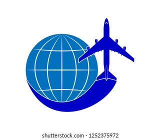 Logo on the theme of aviation. Air transportation. Flight of the airliner and the globe.