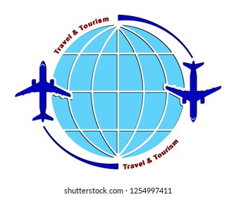 Logo on the theme of aviation, tourism and travel. Air transportation. Flight of the airliner and the globe.