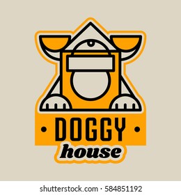 Logo on the theme of the house for dogs. Kennel for a pet, ears, paws. Vector illustration. Line style 