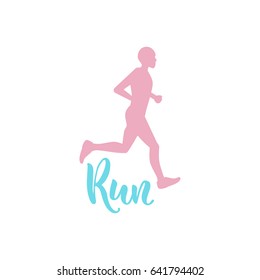 The logo on the theme of running and a healthy lifestyle, with letters written by hand. Flat vector illustration of running man with the words