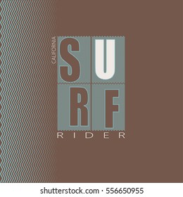 Logo on the theme of surfing and surf rider in California. surfing. Vector illustration. Design for t-shirt graphics, poster, banner, flyer, print.