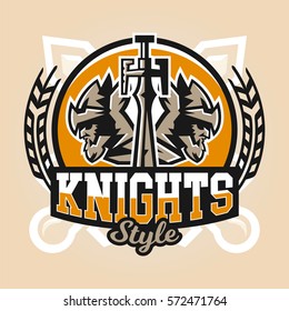Logo on the warrior. The emblem of the face of a bearded man in a medieval helmet and sword. Hero, barbarian, defender of the castle knight, paladin. Badges shield, lettering. Vector illustration.