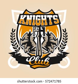Logo on the warrior. The emblem of the face of a bearded man in a medieval helmet and sword. Hero, barbarian, defender of the castle knight, paladin. Badges shield, lettering. Vector illustration.
