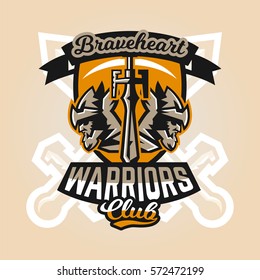 Logo on the warrior. The emblem of the face of a bearded man in a medieval helmet and sword. Hero, barbarian, defender of the castle knight, paladin. Badges shield, lettering. Vector illustration.