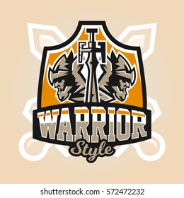 Logo on the warrior. The emblem of the face of a bearded man in a medieval helmet and sword. Hero, barbarian, defender of the castle knight, paladin. Badges shield, lettering. Vector illustration.