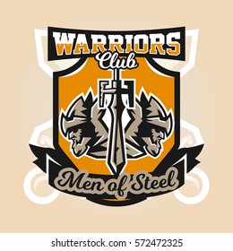 Logo on the warrior. The emblem of the face of a bearded man in a medieval helmet and sword. Hero, barbarian, defender of the castle knight, paladin. Badges shield, lettering. Vector illustration.
