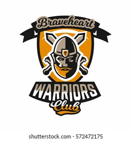Logo on the warrior. The face of a bearded man in a medieval helmet and swords cross. Hero, barbarian, defender of the castle knight, paladin. Badges shield, lettering. Vector illustration.