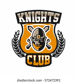 Logo on the warrior. The face of a bearded man in a medieval helmet and swords cross. Hero, barbarian, defender of the castle knight, paladin. Badges or shield with lettering. Vector illustration.