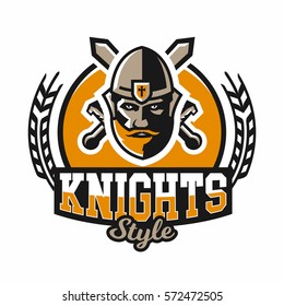 Logo on the warrior. The face of a bearded man in a medieval helmet and swords cross. Hero, barbarian, defender of the castle knight, paladin. Badges shield with lettering. Vector illustration.