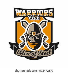 Logo on the warrior. The face of a bearded man in a medieval helmet and swords cross. Hero, barbarian, defender of the castle knight, paladin. Badges shield with lettering. Vector illustration.