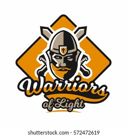 Logo on the warrior. The face of a bearded man in a medieval helmet and swords cross. Hero, barbarian, defender of the castle knight, paladin. Badge or shield with lettering. Vector illustration.