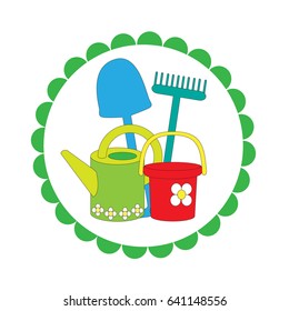 Logo on a white background with garden stock. A vector picture with a rake, a bucket, a shovel, a watering can. Spring and summer works in a garden.