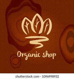 Logo on wood texture. Vector template for local business. Health food store, shop, market concept badge. Vintage eco sticker for organic natural farm fresh product. Effect engraving sign. 