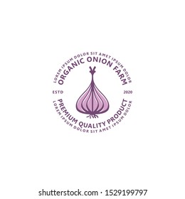 Logo for onion products, for labeling high quality organic onion products, from organic farming to market, logo with onion elements.