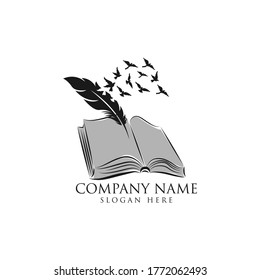 Logo open book with feather. Bookstore icon. Isolated on a white background. Vector illustration.EPS 10