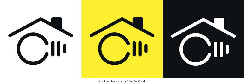 Logo option for smart home. Vector home communications sign. A linear image of a light bulb lamp and a house roof. Isolated image set on a background. 