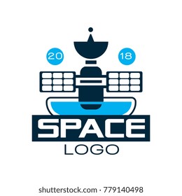 Logo of orbiting space station with satellite. Abstract emblem in outline style with blue fill. Cosmic technology. Flat vector design for scientific project, sticker or t-shirt print