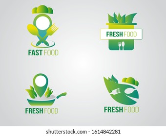 Logo organic food eco environment set green labels with leaves for friendly for eco, bio and natural.