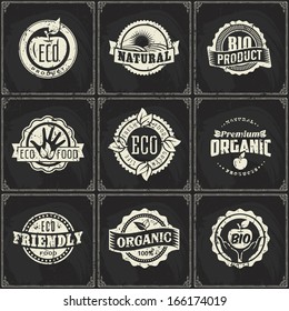 Logo Organic Stamp Vegetable Vintage Farm Fruit Retro Health Old Set Of Old-fashioned Eco Green Chalk Typing Label Labels Of Healthy Organic Natural Farm Pure Aliment On Blackboard Logo Organic Stamp