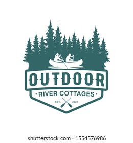 Logo outdoor adventure using a canoe boat in a natural forest river badge design, pine tree element.