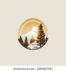 logo for outdoor company, mountain river caravan and sunrise, modern logo, minimalist