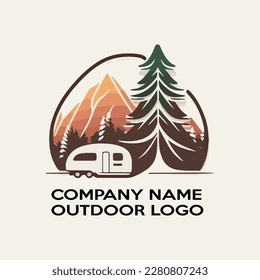 logo for outdoor company, mountain river caravan and sunrise, modern logo, minimalist