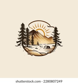 logo for outdoor company, mountain river caravan and sunrise, modern logo, minimalist