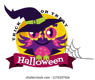 Logo owl in Halloween costume of witch. Mystery night-bird in hex suit sitting with potty potion on tree branch vector illustration. All Hallows Eve concept. Isolated on white background.